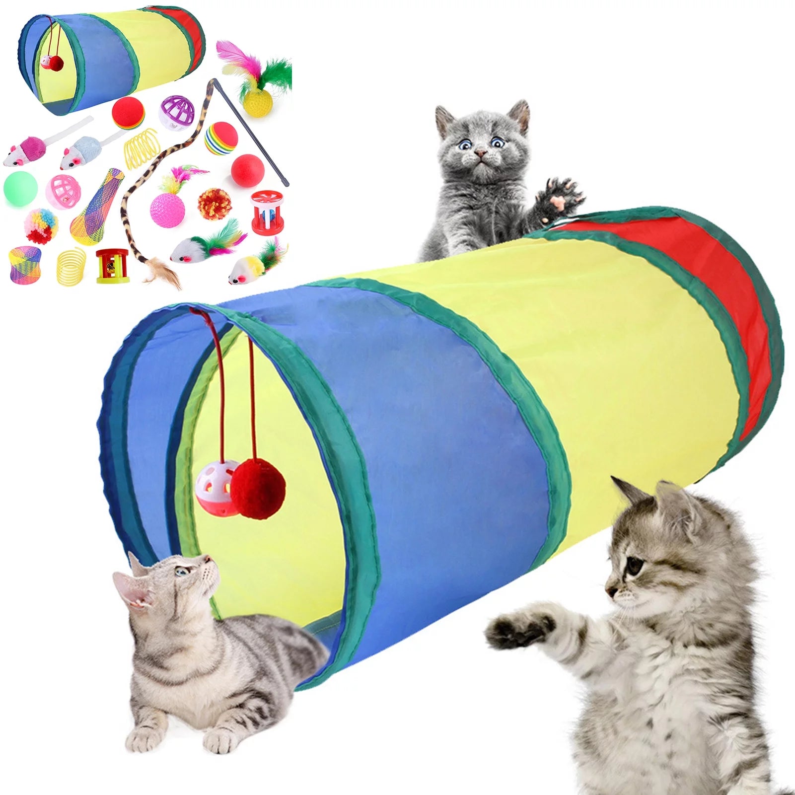 22Pcs/Set Cat Toys Tunnel Assortments, Portable Funny Feather Teaser Catnip Colorful Ball Tunnel Interactive Toys for Cat Puppy Kitty Kitten Rabbit Indoor Playing