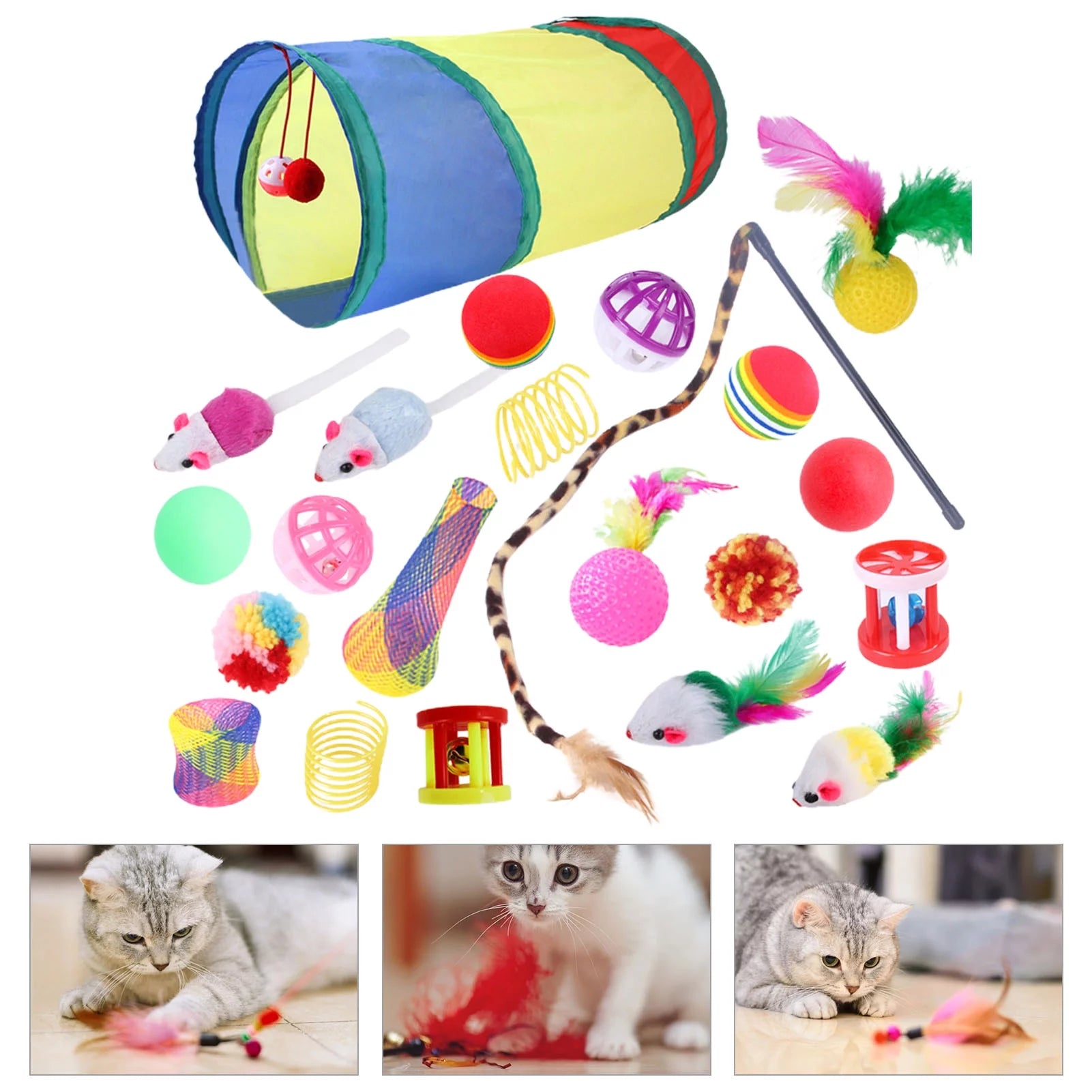 22Pcs/Set Cat Toys Tunnel Assortments, Portable Funny Feather Teaser Catnip Colorful Ball Tunnel Interactive Toys for Cat Puppy Kitty Kitten Rabbit Indoor Playing