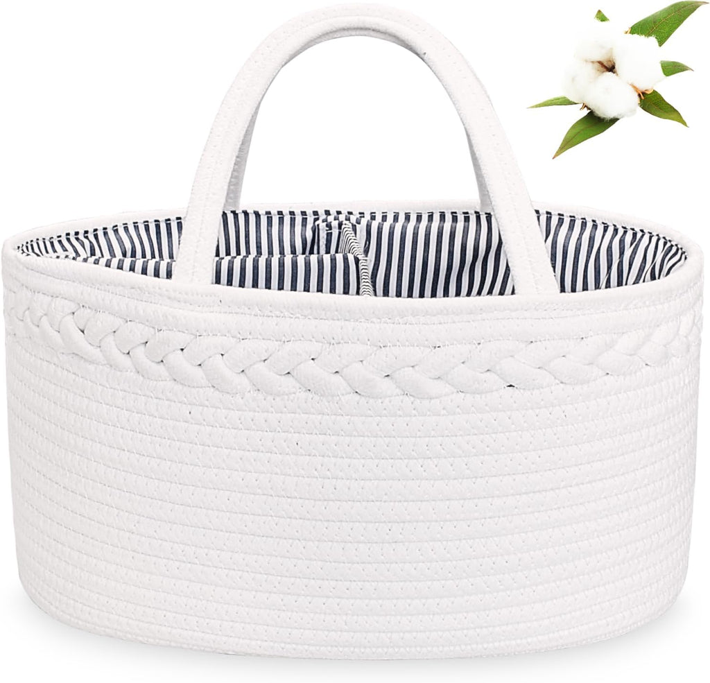 Baby Diaper Caddy Organizer, Boho Rope Nursery Storage Baby Basket Bin Gift Bags for Boys Girls, Portable Caddy Organizer for Changing Table Car, Ideal Gift Baby Shower Basket (White)