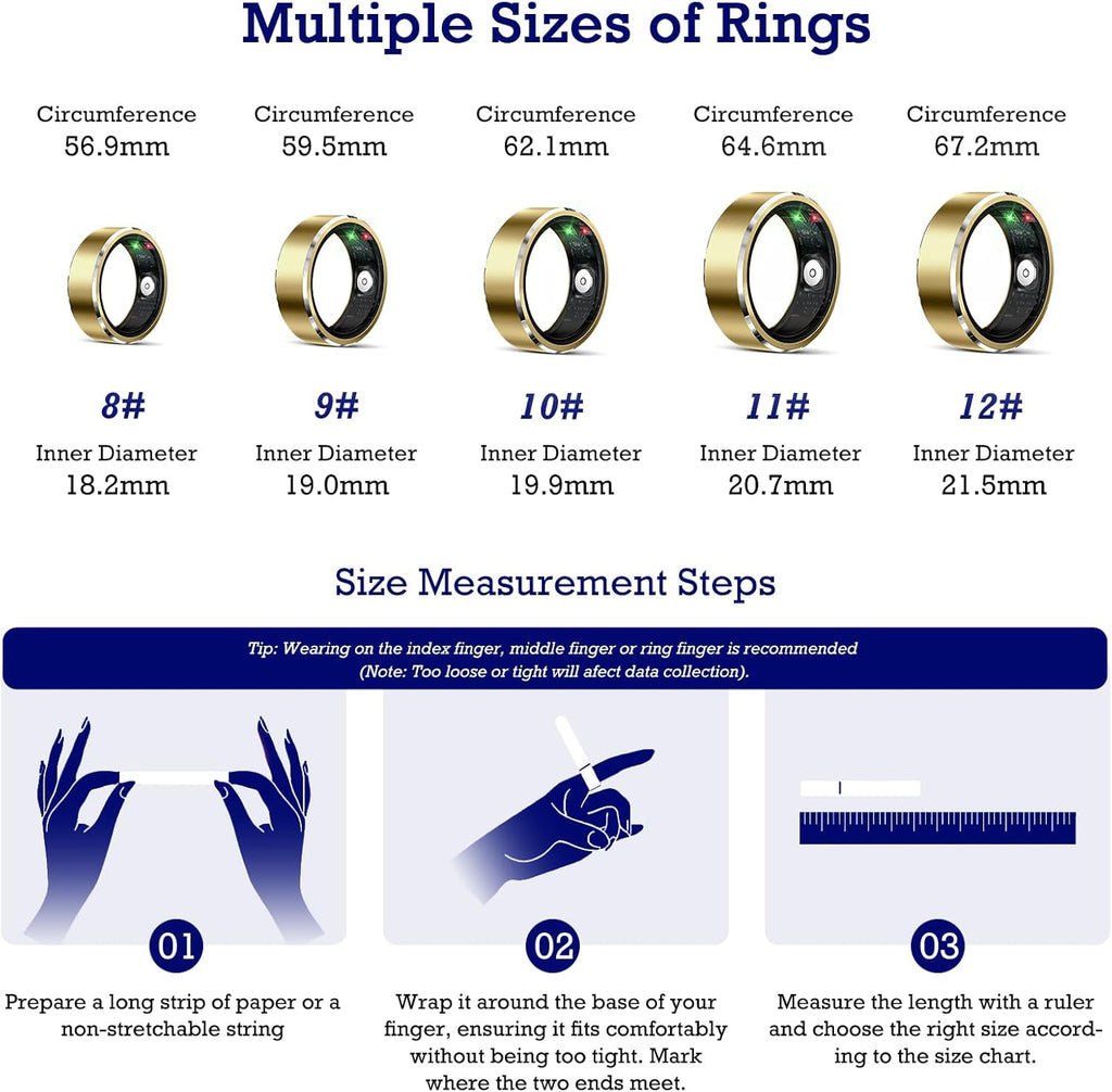 Smart Ring Health Tracker, Sleep Tracker Ring with Heart Rate, Waterproof Fitness Ring for Activity Monitoring/Steps/Distance/Calories,Air Gestures,Up to 7-Day Battery,For Ios Android (Light Gold,#12)